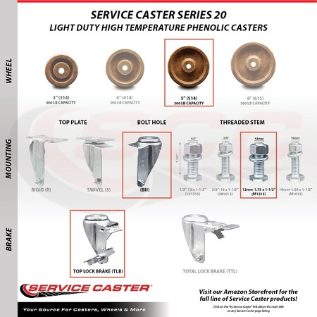 Service Caster 5 Inch SS High Temp Phenolic Swivel 12mm Threaded Stem Caster with Brake SCC SCC-SSTS20S514-PHSHT-TLB-M1215